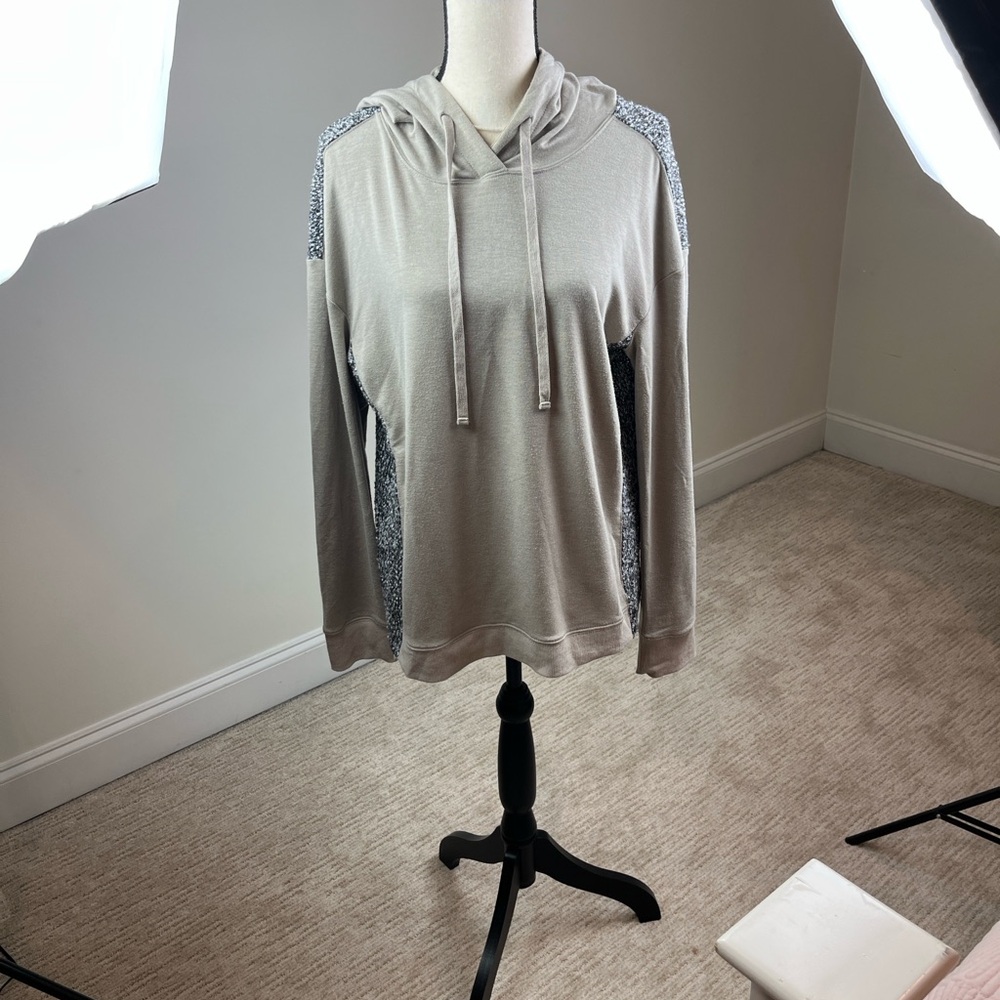 Mystree Women’s Large Tan Black Colorblock Lightweight Hooded Pullover